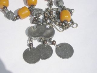 VINTAGE ARABIC BUTTERSCOTCH AMBER & ARAB COIN IRRV ORNATE NECKLACE