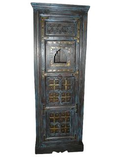 Antique Cabinet Armoire Blue Patina Brass Accent Hand Carved India 
