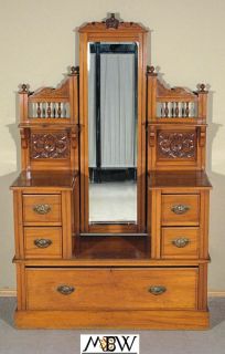 Antique English Walnut Vanity Chest Dresser w Mirror