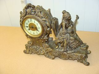 Antique Waterbury Clock Co Volano Brass Mantle Clock Mantel Figural 