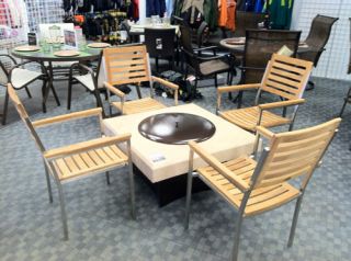   Oriflamme Travertine FIRE PIT Table and 4 Arlington Arm Chair Set