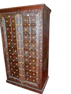 Antique Door Rustic Armoire Iron Brass Fitted Carved Wood Cabinet Teak 