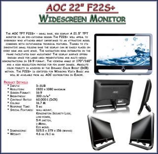 AOC F22S 22 inch Full HD Widescreen LCD Monitor Black 4038089120681 