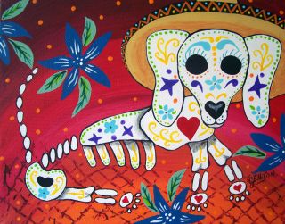 Print Folk Art Mex Day of The Dead Dog Dachshund Doxies Painting Julie 
