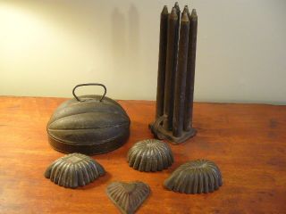 Lot Early Assorted Tin Molds 6 Stick Candle Melon Heart Small Shapes 