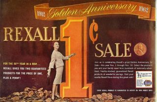 1962 Rexall 1cent Sale Ad 50th Anniversary Ad Print 2pg