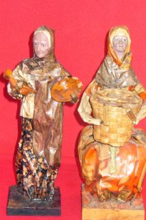 02 Pieces Vintage Mexican Folk Art Paper Mache Sculpture Dolls Womans 
