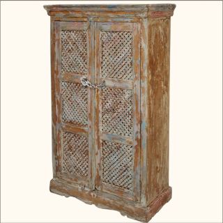   Hardwood Wrought Iron Rustic Distressed Armoire Storage Cabinet