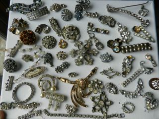 Vintage Art Deco Rhinestone Jewelry Parts Pieces and Repair Lot Lot E 