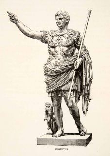 1886 Wood Engraving Roman Emperor Augustus Sculpture Statue Gaius 