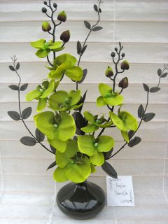 SILK FLOWER ARRANGEMENT IN ROUND VASELIME GREEN/BLACK ORCHIDS *Ideal 