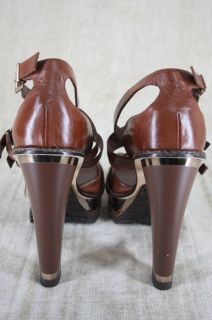 Brian Atwood Teatro High Heel Platform Sandals Brown Leather Size 