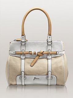 Guess Avera Canvas Satchel Beige Multi Canvas body pebbled leather 