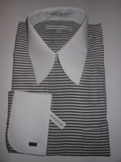 Assante Gray White Striped 16 34 35 Mens French Cuff Dress Shirt S582 