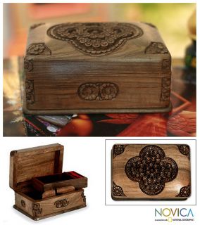 Hand Carved Velvet Lined Walnut Wood Jewelry Box New