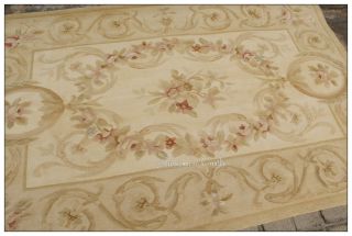 4x6 Hand Woven Aubusson Area Rug Pastel Beige Cream Vintage French 