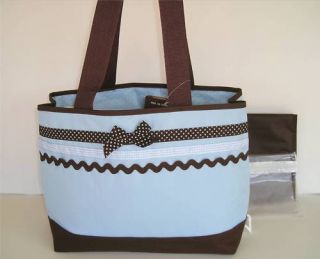 Baby Essentials Diaper Bag Blue & Brn Polka Dot Ribbon