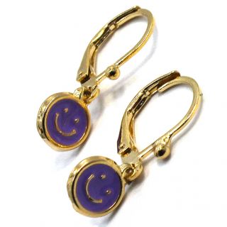 Gold 18K GF Earrings Purple Enamel Happy Face Leverback Dangle Girl 