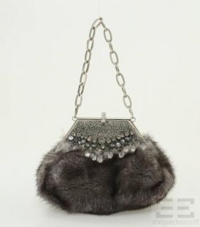 Badgley Mischka Grey Mink Fur Small Beaded Evening Bag
