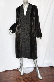 Badgley Mischka Womens Black Beaded Jewelled Mink Fur Long Jacket Coat 