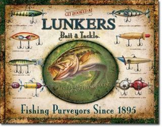 Lunkers Bait Tackle Lures Fish Vintage Metal Advertising Tin Sign 