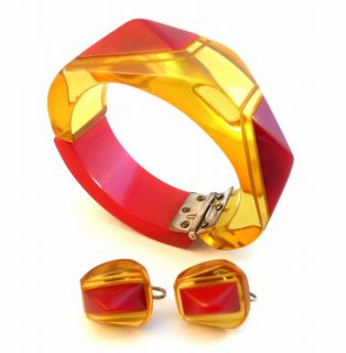   Art Deco Asymetric Geometric Bakelite Bracelet Earrings Set