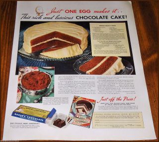 1936 BAKERS CHOCOLATE CAKE Recipe AD Vintage Food Baking Retro Kitchen