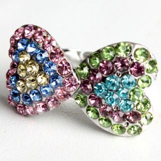 Colorful Silver Band Bow Rhinestone Outlined Heart Statement Ring