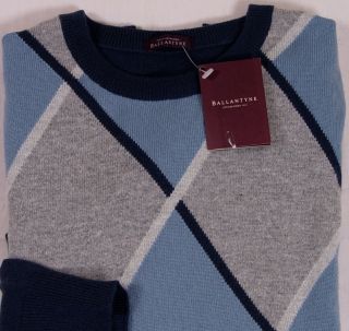 Ballantyne Sweater $990 Blue Gray Argyle 100 Cashmere Crewneck Med 50E 