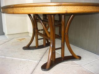   Mid Century Dining Table w 4 Orange Swivel Chairs Bamboo Rattan