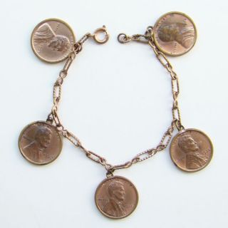 Vintage 1936 Coin Charm Bracelet Five Wheat Penny One Cent