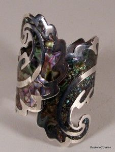   Mexico Taxco Sterling LOS BALLESTEROS Inlaid Abalone Cuff Bracelet