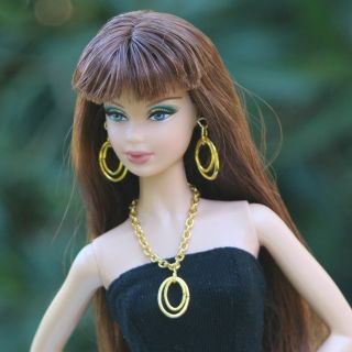Golden Chain Necklace Hoop Earrings Jewelry Set for Barbie Doll