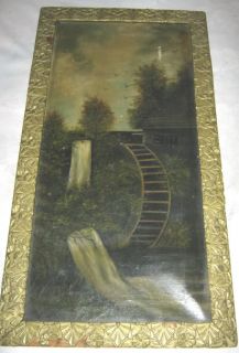 Antique Oil Painting Wood Art Frame Water Mill Country Rural Stone 