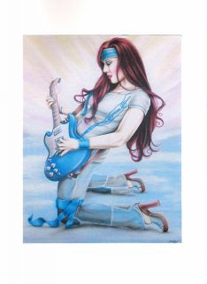 Greeting Card 5x7 Handmade Rock and Roll Pinup Girl Bright Blue Guitar 