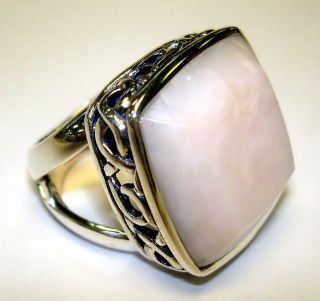 Barse Size 8 Sterling Silver Ring with Scroll Design and Pink Opal 