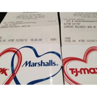 couple of marshalls and t j maxx gift cards with a total value of $ 