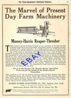 1923 Massey Harris Combine Reaper Thresher Ad Batavia
