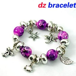   Purple Stretch Rondelle Loose Beads Dangle Bangle Bracelet Cuff