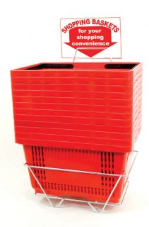 12 Red Jumbo Shopping Baskets with EZ Grip Plastic Handles Metal Stand 