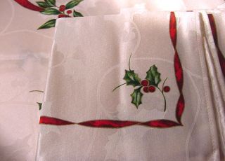 Bardwil Christmas Tablecloth & 4 Napkins Holly, Berries & Red Ribbons 