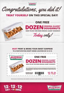 Krispy Kreme Buy 1 Dozen, Get 1 Dozen FREE on 12/12/12   food, krispy 