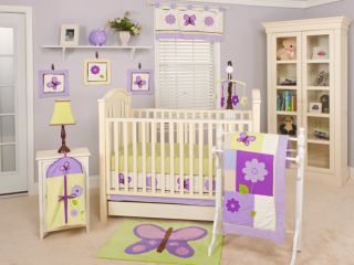 room view to show wall hangings, diaper stacker and crib skirt