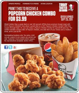 KFC Popcorn Chicken Combo for $3.99   coupon, food, chicken 
