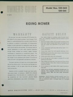 VINTAGE MTD RIDING MOWER OWNERS MANUAL PARTS LIST # 130 360 130 365