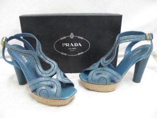 Prada Blue Leather/Brown Stitched Strappy Espadrille Platform Wooden 