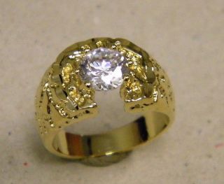 Mens Large Solitaire Pinky Nugget Horseshoe Ring Yellow Tone Gold 