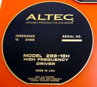 altec 288 16h or 288 16g horn rear label new