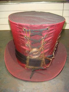 Steampunk madhatter Hand made Red Taffeta Top Hat with copper cogs 