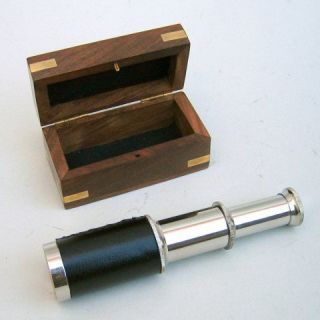 brass spyglass telescope chrome finish wooden box one day shipping